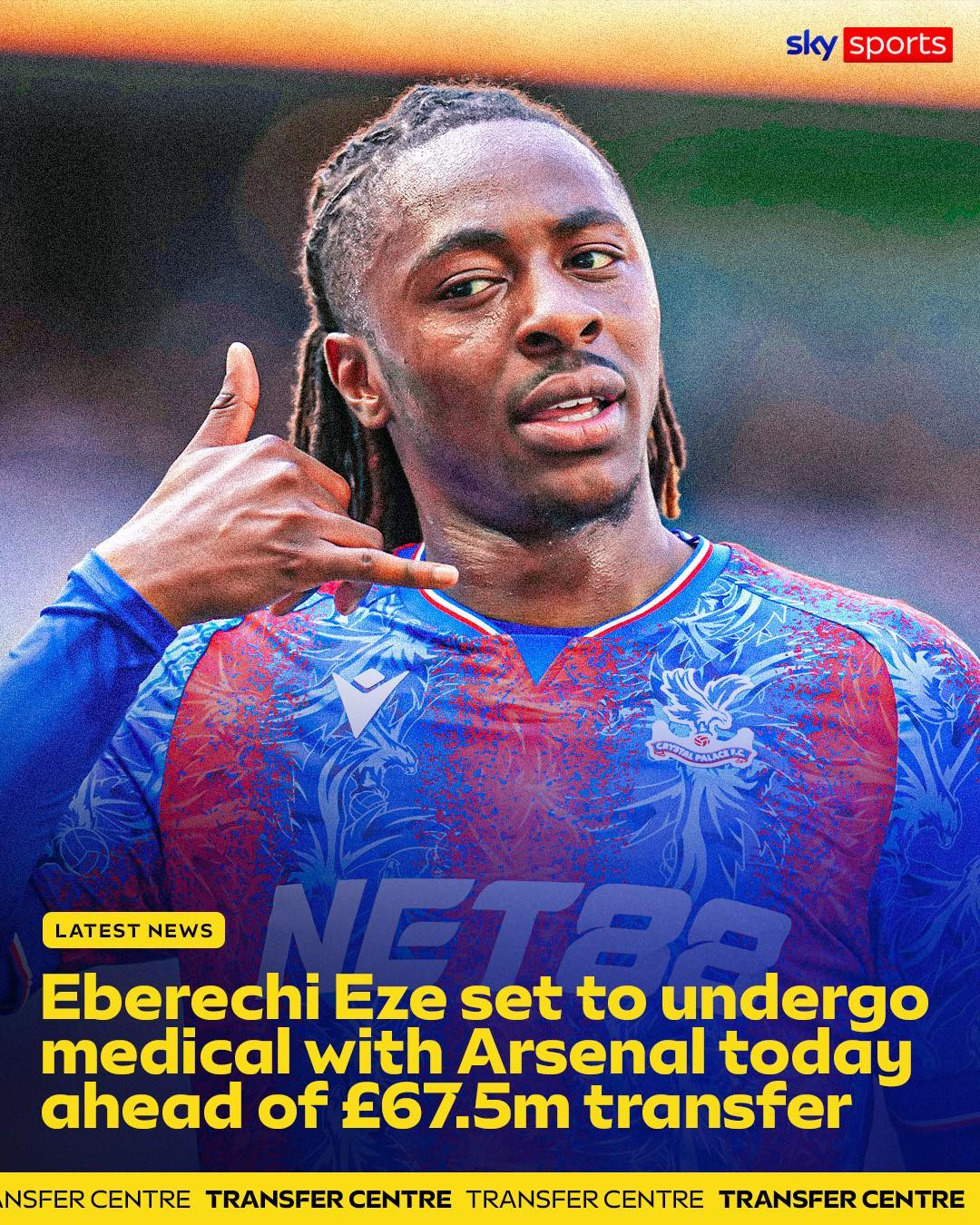 云开体育-天空：埃泽正在接受阿森纳体检，完成后将以6750万镑正式加盟